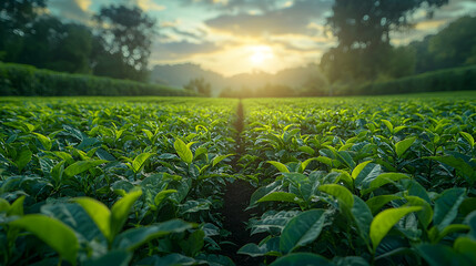 Lush Green Tea Plantation at Sunrise