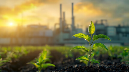 Young Plant Growing Against Industrial Background