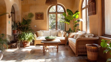 Sunlit living room interior design with stucco walls, wicker furniture, and natural stone flooring, enhanced by potted Mediterranean plants.