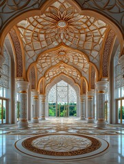 Obraz premium Majestic Hall with Intricate Geometric Ceiling and Carved Columns
