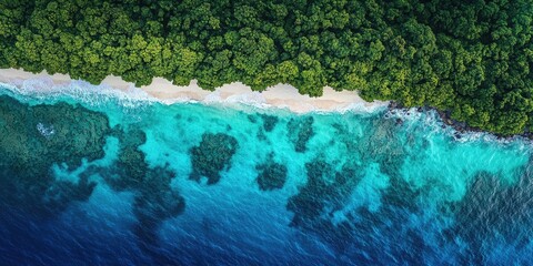 Bird's eye view of a tropical coastline, with turquoise waters and white sand beaches, capturing the clarity of the ocean's edge and the dense greenery of the shoreline.