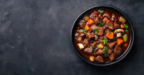 Beef Bourguignon Stew with Vegetables and Mushrooms. AI generated illustration.