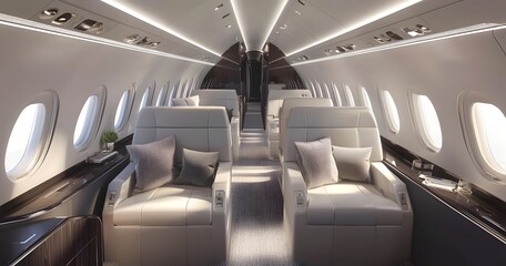 Premium private plane cabin with modern finishes and spacious seating. Soft lighting and refined decor for a high-end in-flight experience.