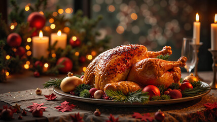 Holiday roast turkey with candles and Christmas decor on a festive table