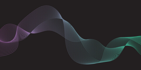 Modern multicolor wave of light is displayed on black background, Abstract wavy lines and neon glow on a black background, soundwave on a dark reflective surface.	