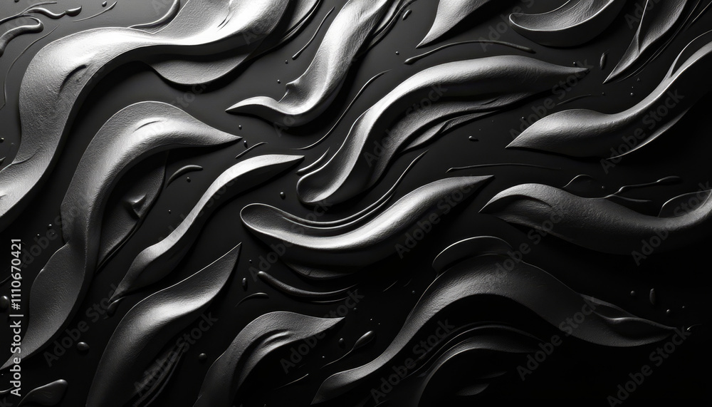 Poster dynamic background with wavy silver lines and textures on a deep black surface