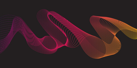 Modern multicolor wave of light is displayed on black background, Abstract wavy lines and neon glow on a black background, soundwave on a dark reflective surface.	