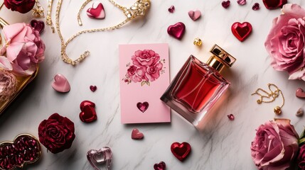 A flat-lay of Valentine's Day essentials: floral-designed greeting card, luxurious perfume, and jewelry, arranged with space for text