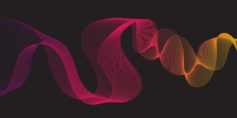 Modern multicolor wave of light is displayed on black background, Abstract wavy lines and neon glow on a black background, soundwave on a dark reflective surface.	
