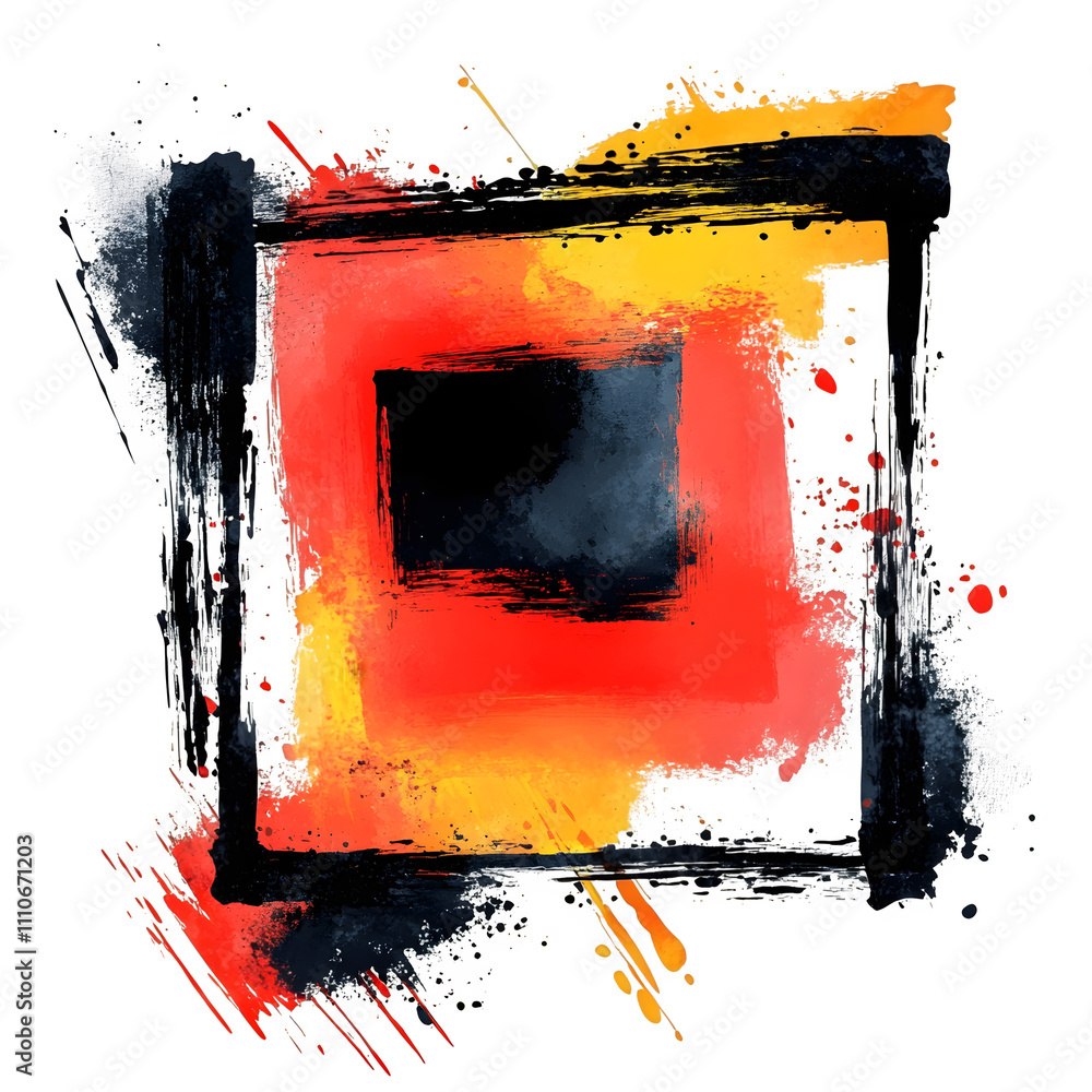 Poster colorful grunge background with black frame and red and yellow brushstrokes on transparent backgroun
