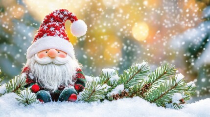 Cute gnome in snow field in winter for holiday decoration