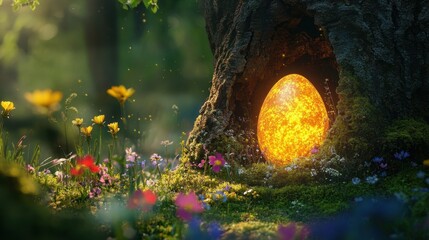 A glowing golden egg hidden in a mossy tree trunk, surrounded by vibrant wildflowers, creating a magical Easter moment