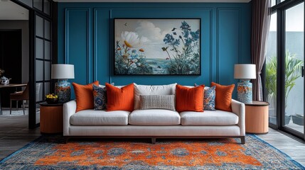 Elegant and modern living room interior featuring a white sofa adorned with vibrant orange pillows against a striking blue wall with framed art.
