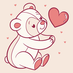 Obraz premium Cartoon bear hugging a floating red heart on light pink