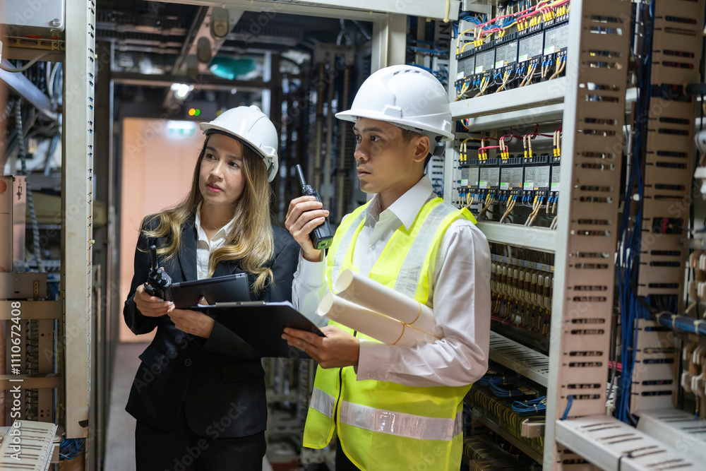 Poster Asian male and female engineers are pioneers in the energy industry, revolutionizing power plant technology to make a global impact on the world's energy landscape.