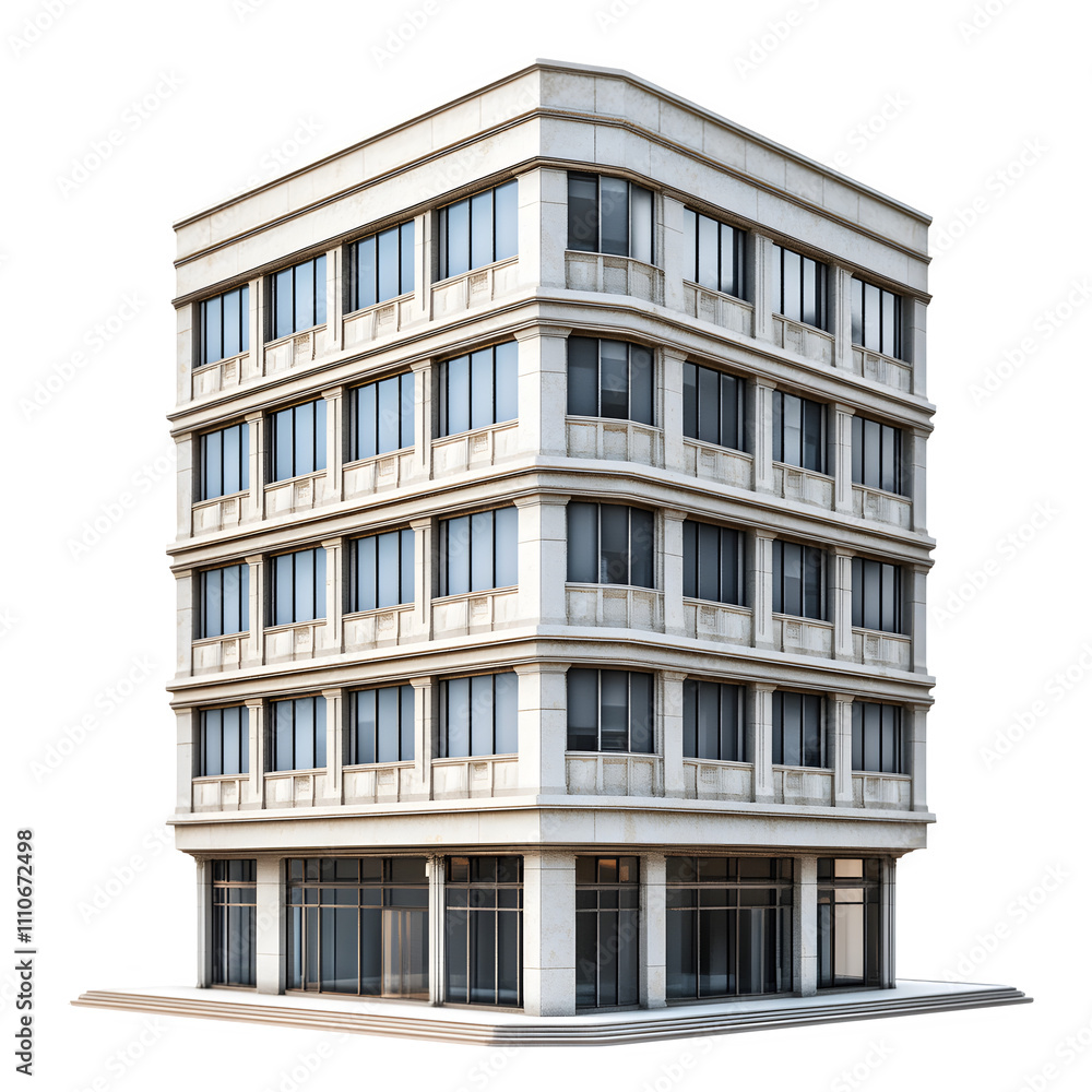 Poster modern office building with large windows and transparent background, perfect for urban development 