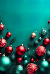 A festive Christmas image featuring teal background, red and silver ornaments hanging from stylized pine branches with red bows. Minimalist, elegant design
