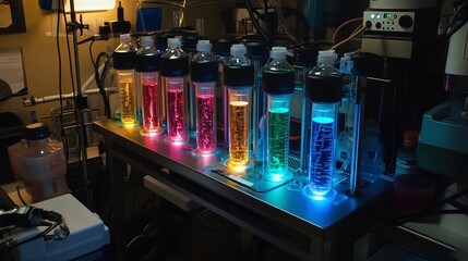 Laboratory experiment with colorful fluids science lab visual display high-tech environment close-up view innovation exploration