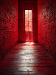 Fototapeta premium Vibrant Red Corridor with Sunlit Window Creating Dramatic Atmosphere