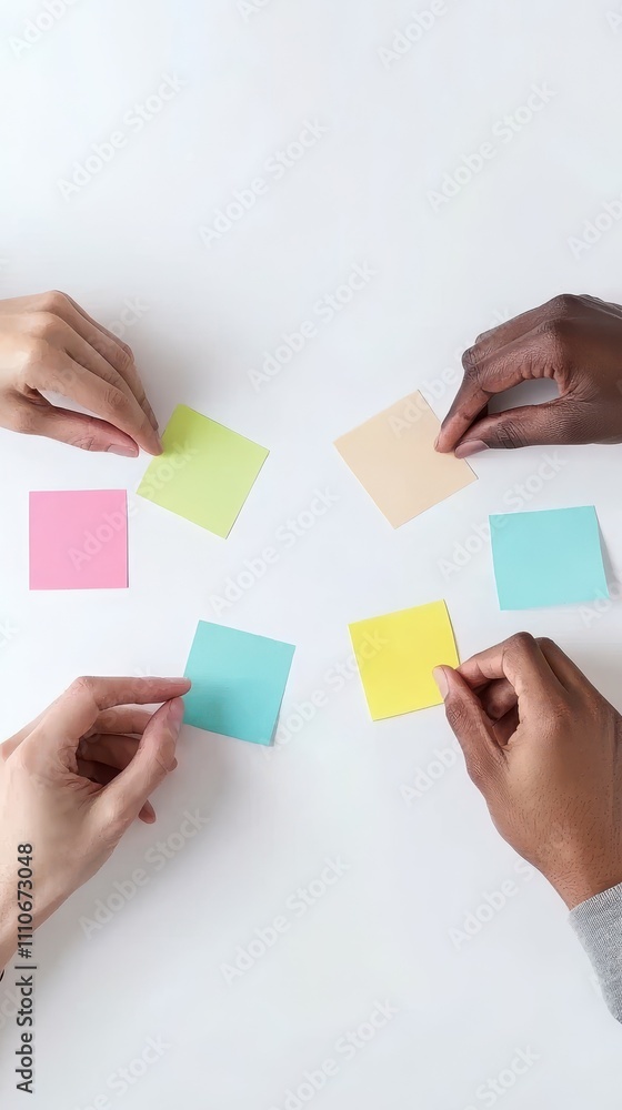 Poster circular brainstorming hands arranging sticky notes in a creative workspace