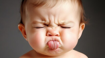 A close-up of a baby making a funny face, sticking out their tongue and scrunching their face.