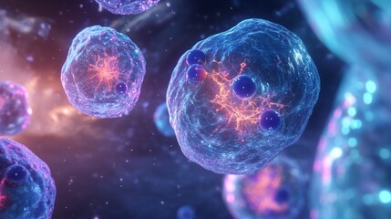 Exploring cellular structures and interactions laboratory scientific visualization digital art close-up biology concepts