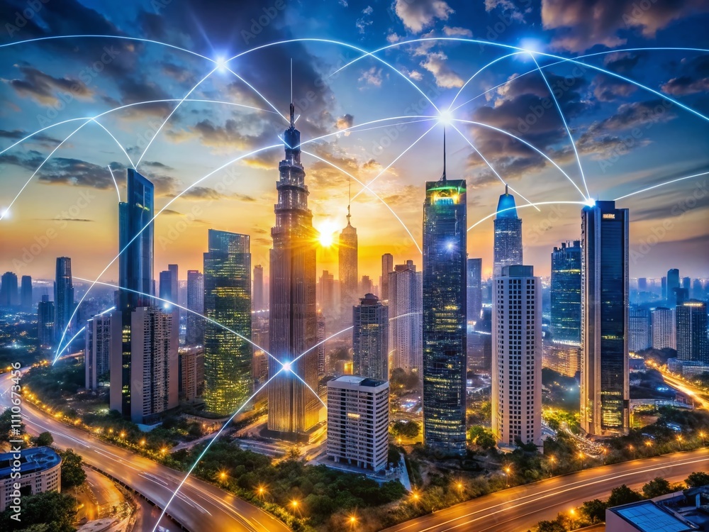 Poster conceptual photography of global 5g network in a smart city: wireless systems and internet technolog