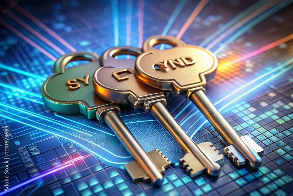 Poster conceptual portrait of three keys representing cloud storage functionality, highlighting digital acc