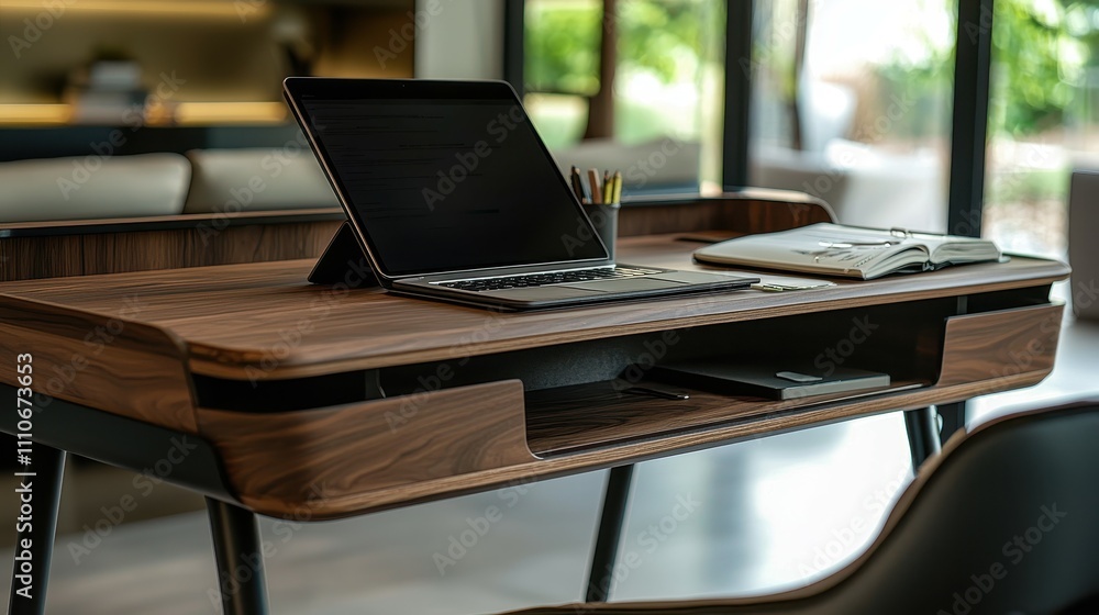 Poster creating a serene minimalist desk for enhanced productivity with tablet and notebook
