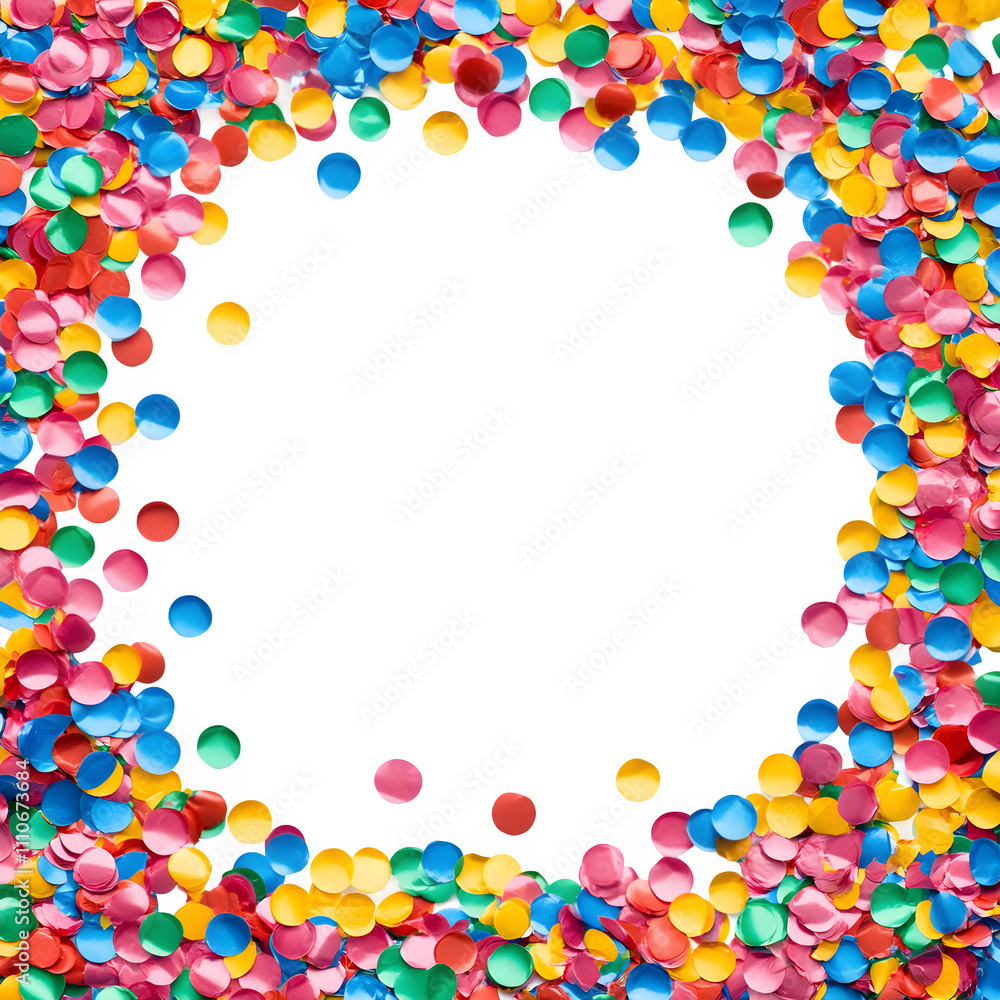 Poster colorful confetti creating a festive border on a see-through backdrop, perfect for party invites and