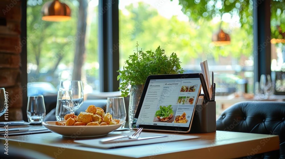 Poster creating a minimalist workspace desk setup with tablet and notebook for productivity and focus