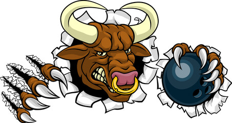 Bull Minotaur Longhorn Cow Bowling Mascot Cartoon