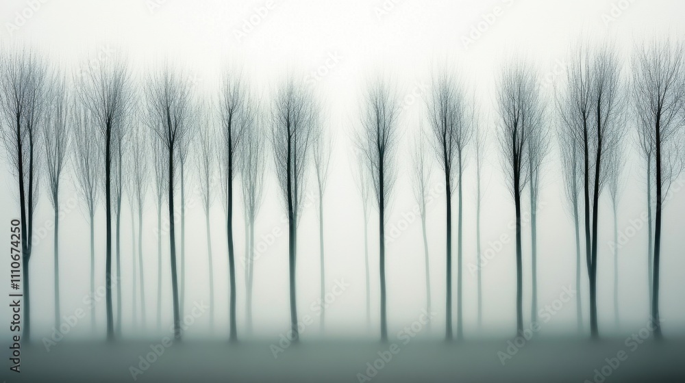 Poster a minimalistic image of a forest with dark green vertical trees set against a soft white gradient fo