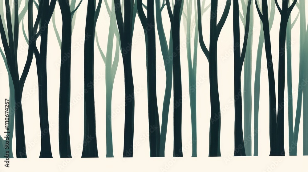 Poster a minimalistic image of a forest with dark green vertical trees set against a soft white gradient fo
