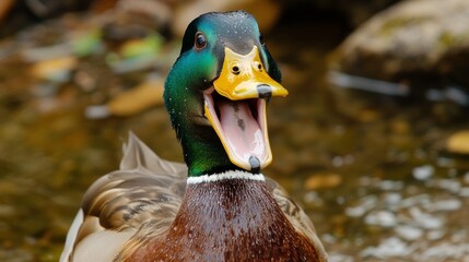 A close-up of a duck with its mouth open, showcasing vibrant colors and textures.