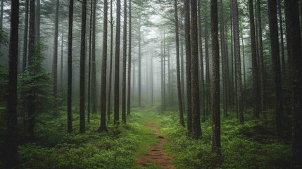 Fototapeta premium A peaceful view of a dark green forest with straight tree trunks and soft white mist covering the background