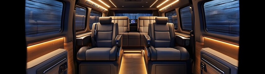 Fototapeta premium Premium van interior with sleek finishes and soft lighting. Spacious seating and modern decor for a luxurious travel experience.