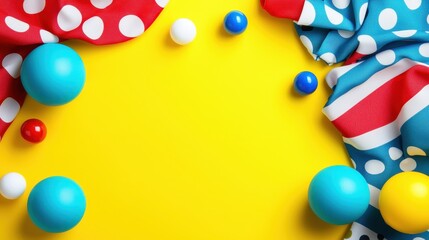 Colorful Polka Dot Fabric and Playful Balls on Bright Yellow Surface