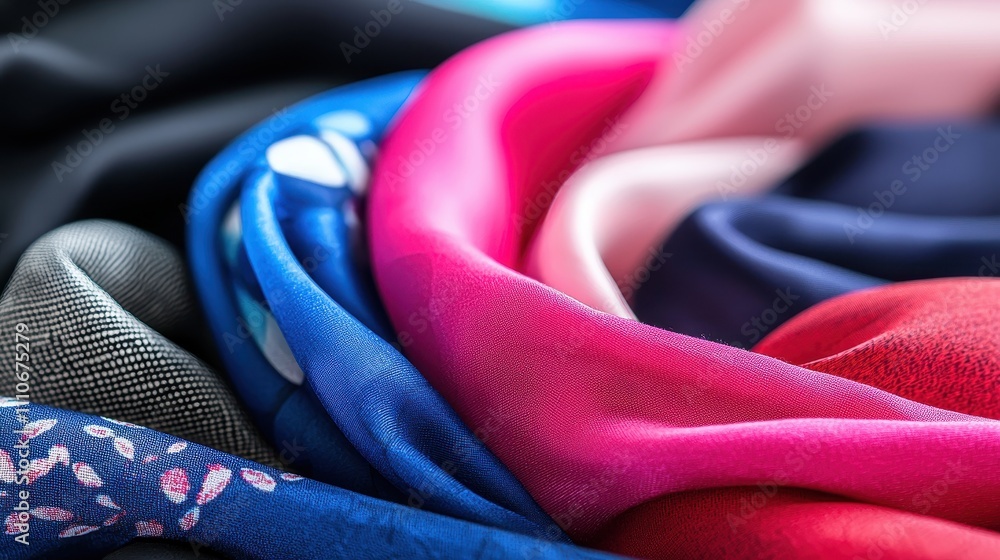 Poster colorful draped fabrics in textured layers with vibrant patterns