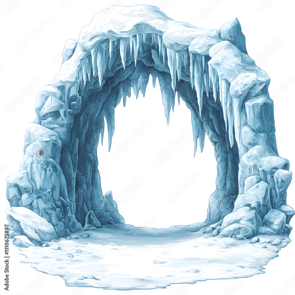 Poster snowy landscape with a magnificent ice arch and long icicles forming a transparent gateway