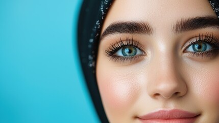 Close-Up of Young Woman with Beautiful Blue Eyes and Headscarf