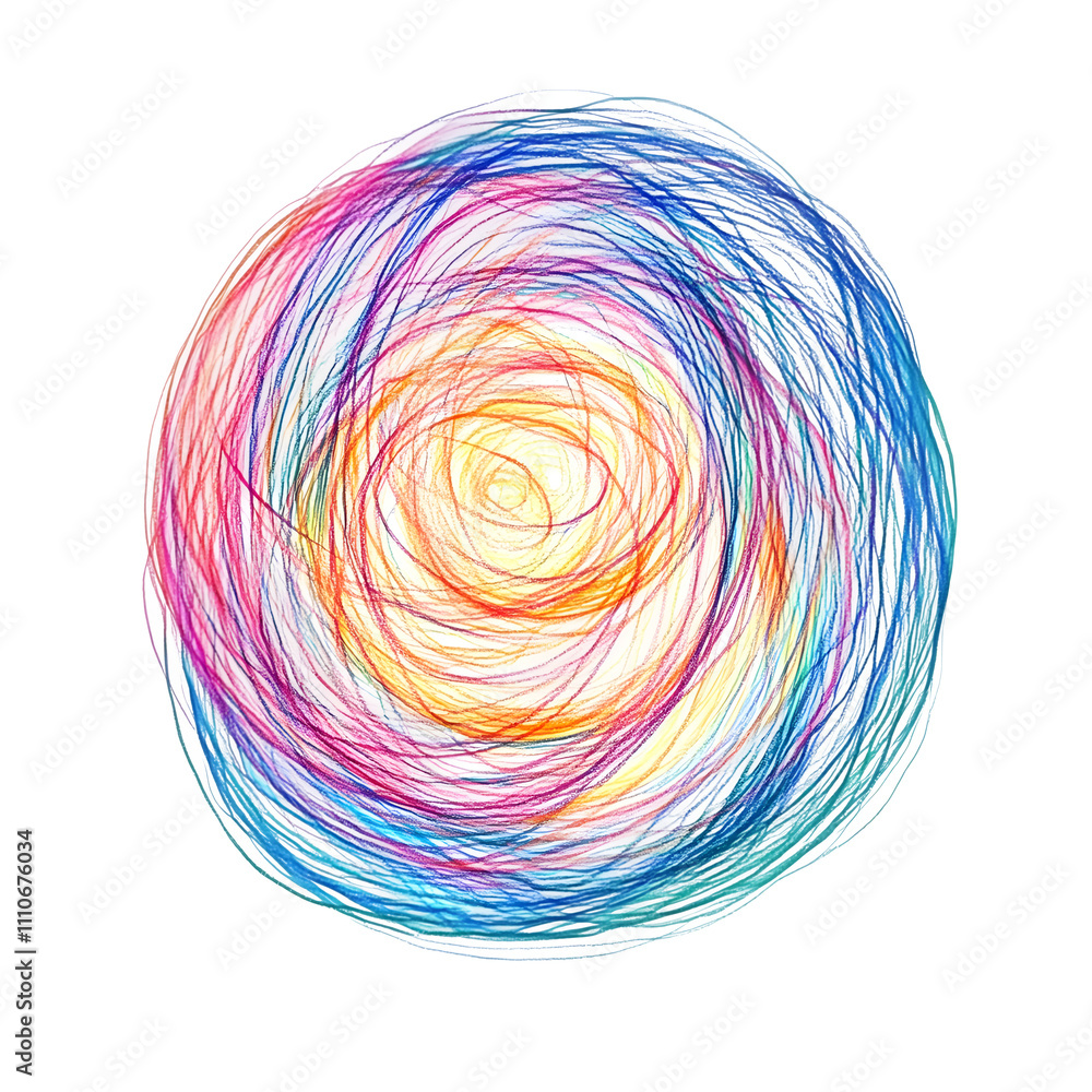 Poster intertwined colorful scribbles form a captivating abstract circular design, radiating energy and cre