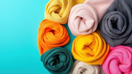 Fototapeta premium Colorful Rolled Fabrics in Various Shades on Teal Background
