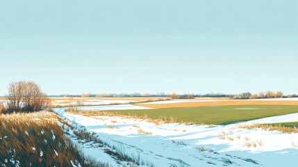A serene landscape transitioning from summer to winter, with half-green fields and snowy patches under a clear sky