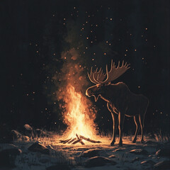 Majestic Moose Standing Near a Glowing Campfire in a Dark Forest Under a Mysterious Night Sky