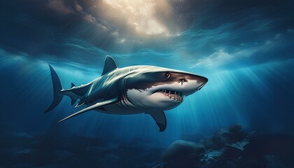 shark swimming silently through the depths, with a sense of power