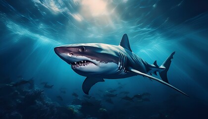 Fototapeta premium shark swimming silently through the depths, with a sense of power