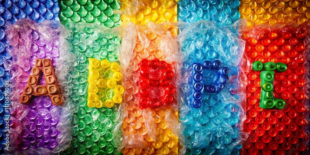 Poster creative bubble wrap alphabet display on colorful background, showcasing unique textures and shapes 
