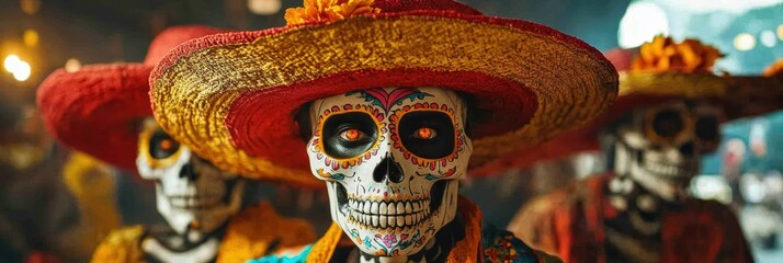 Vibrant celebration of cultural heritage with intricately painted skull masks and colorful hats during a lively and festive traditional event.