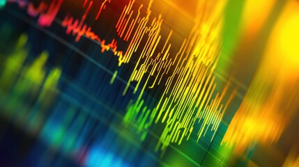 A vibrant and dynamic abstract representation of data visualizations depicting fluctuations in a colorful spectrum of financial or scientific statistics.